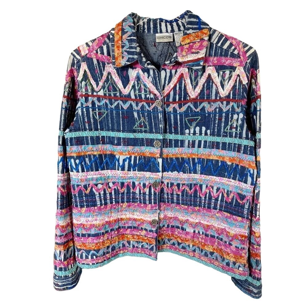 Vintage Chico’s Scrap Art Denim Jacket Multicolor Embroidery Medium (Size 1) - Picture 3 of 12